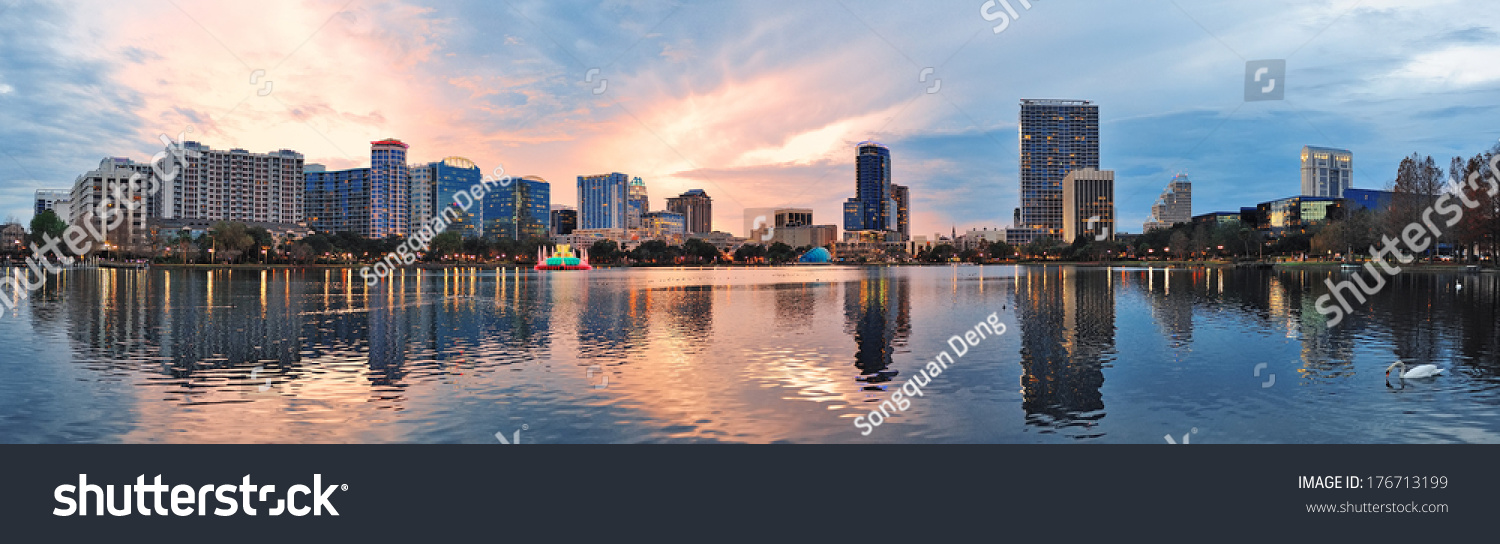 Orlando downtown Lake Eola panorama with urban buildings and reflection #176713199
