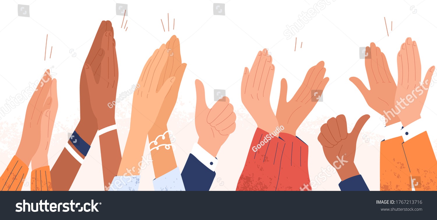 Arms of diverse people applauding vector illustration. Colorful man and woman clapping hands isolated on white background. Multinational audience demonstrate greeting, ovation or cheering gesture #1767213716