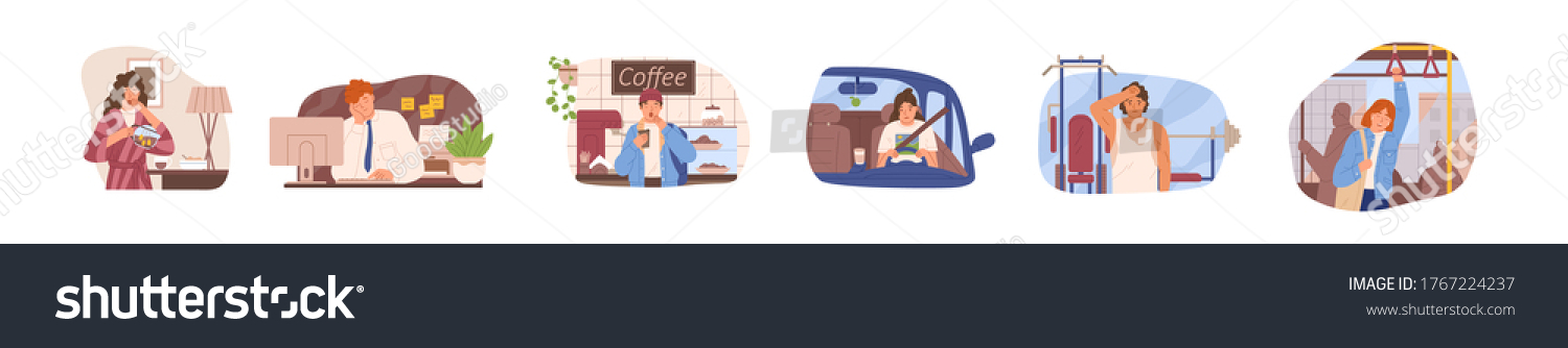 Set of drowsiness people vector flat illustration. Collection of sleepy man and woman at work at office, training at gym, driving car, ride bus, drink coffee or tea isolated. Dozing morning person #1767224237