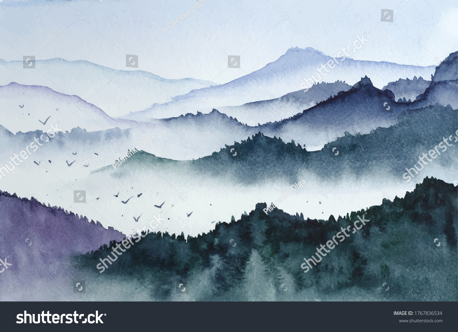 Landscape with mountains, birds and fog in monochrom painted in watercolor in vector #1767836534