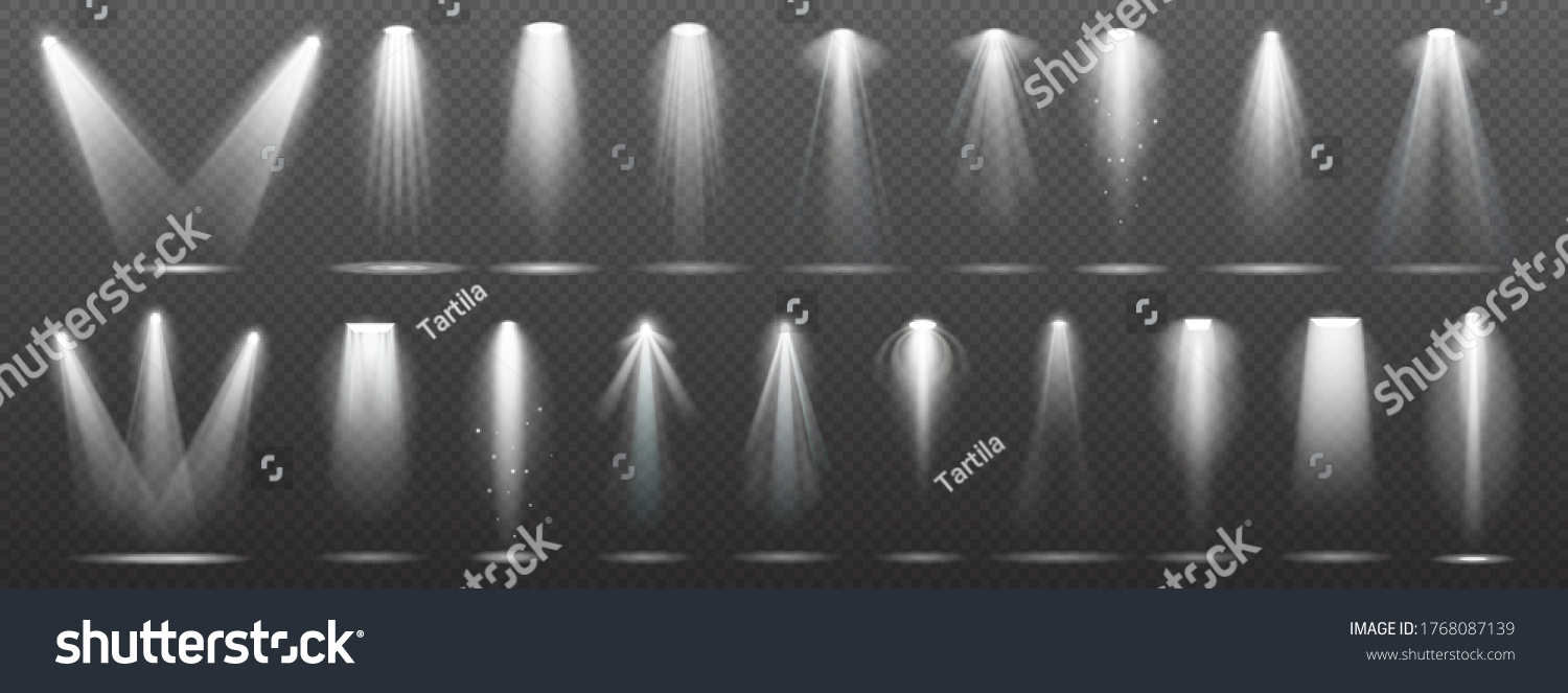 Floodlight or spotlight for stage, scene or podium. White lightning collection set isolated on transparent background. Illumination or bright shine for night event vector illustration #1768087139