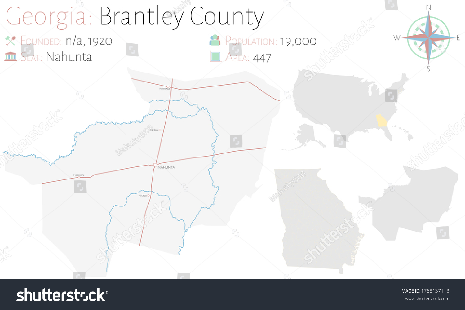 Large and detailed map of Brantley county in - Royalty Free Stock ...