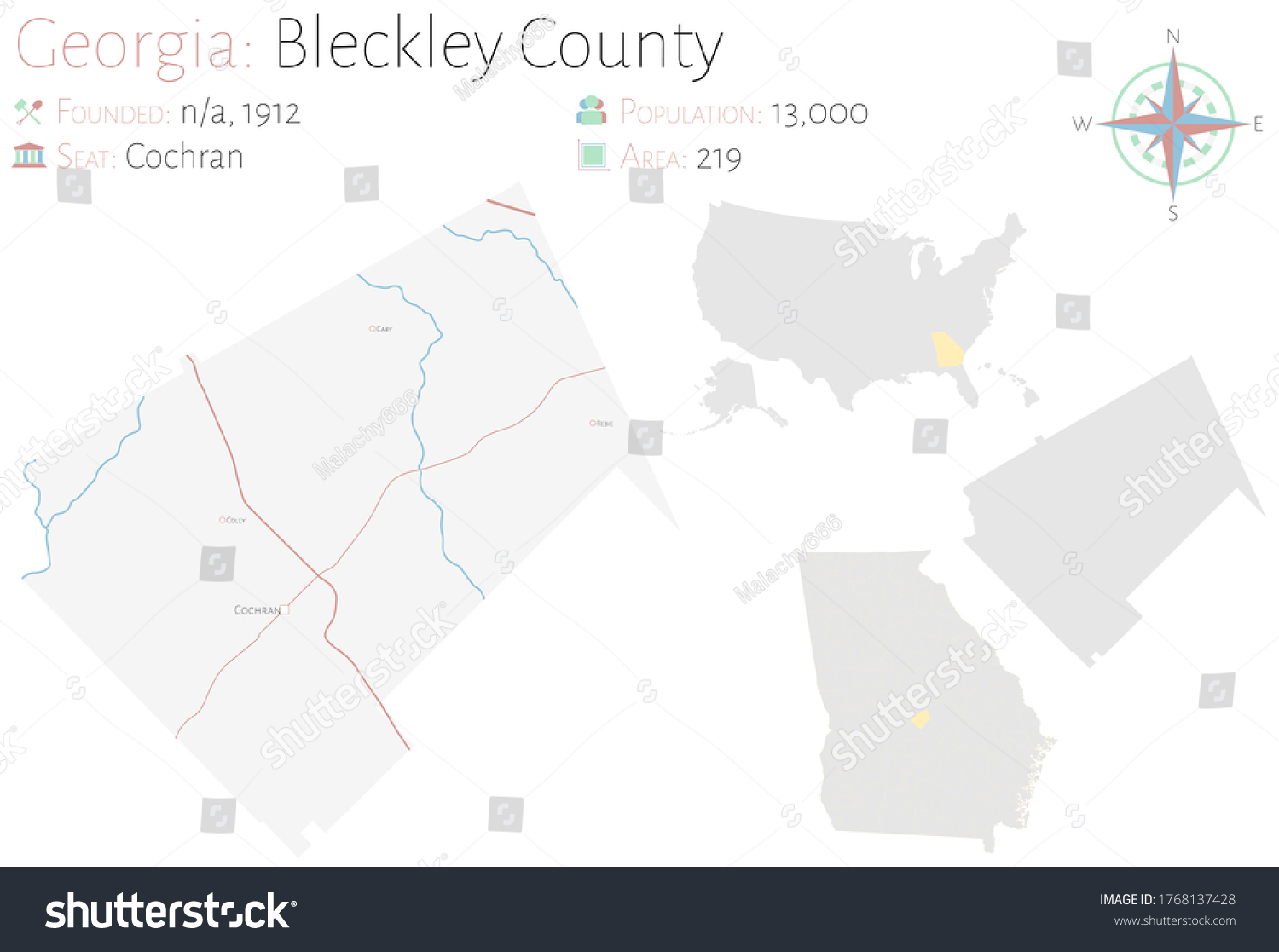 Large and detailed map of Bleckley county in - Royalty Free Stock ...