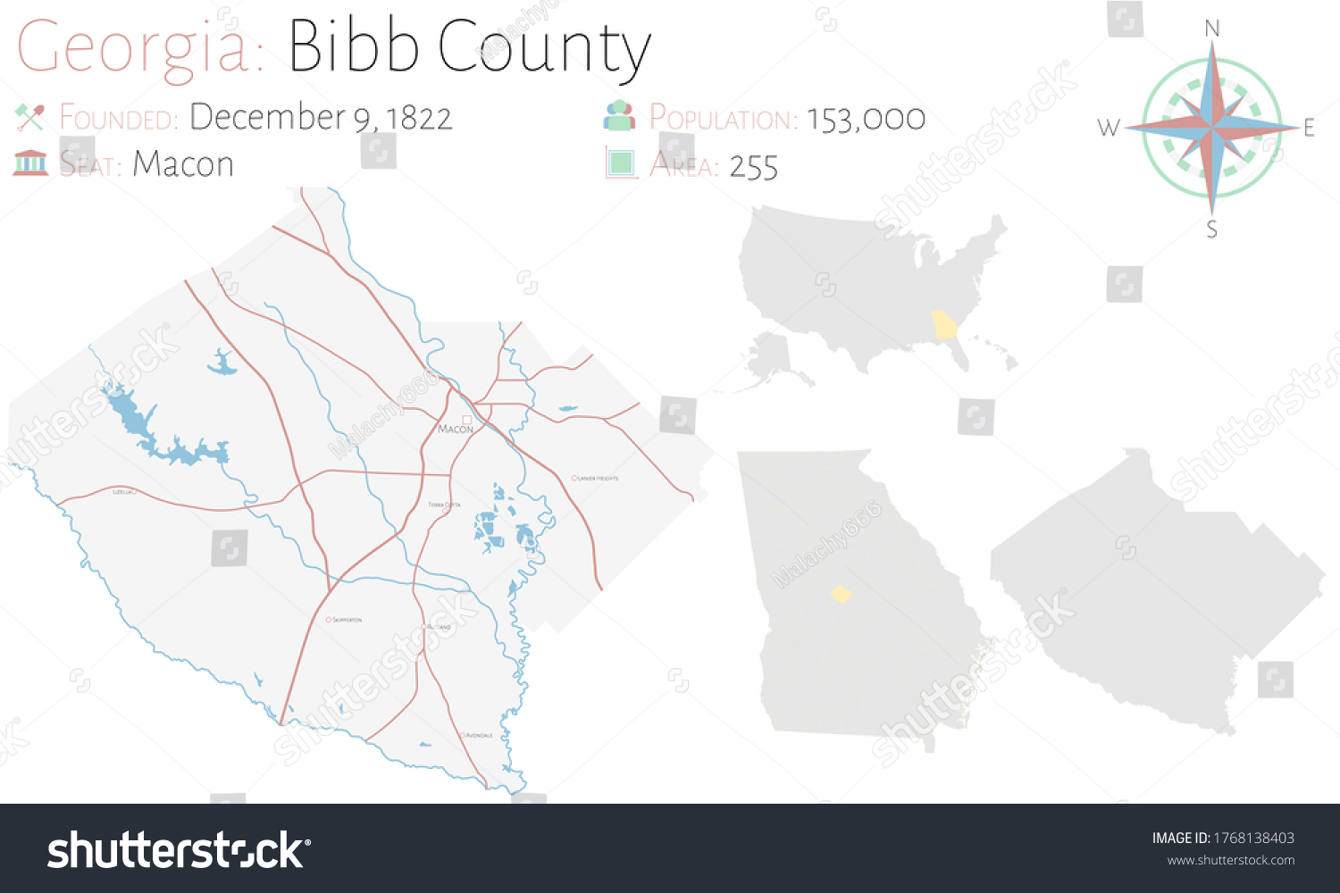 Large and detailed map of Bibb county in Georgia - Royalty Free Stock ...