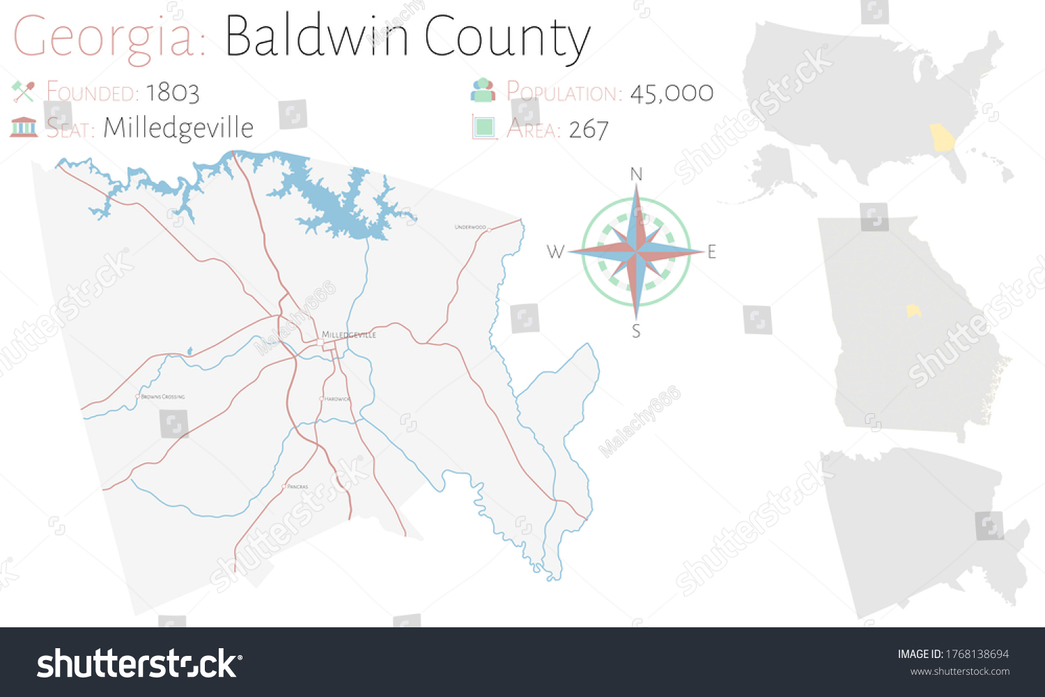 Large and detailed map of Baldwin county in - Royalty Free Stock Vector 