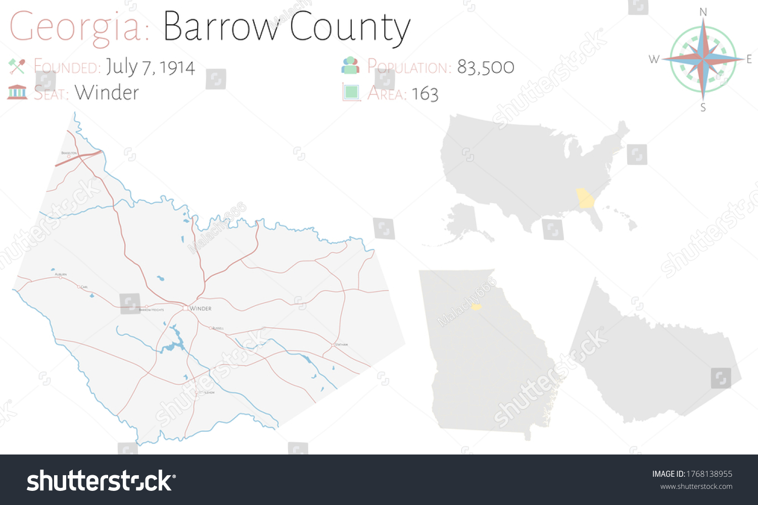 Large and detailed map of Barrow county in - Royalty Free Stock Vector 