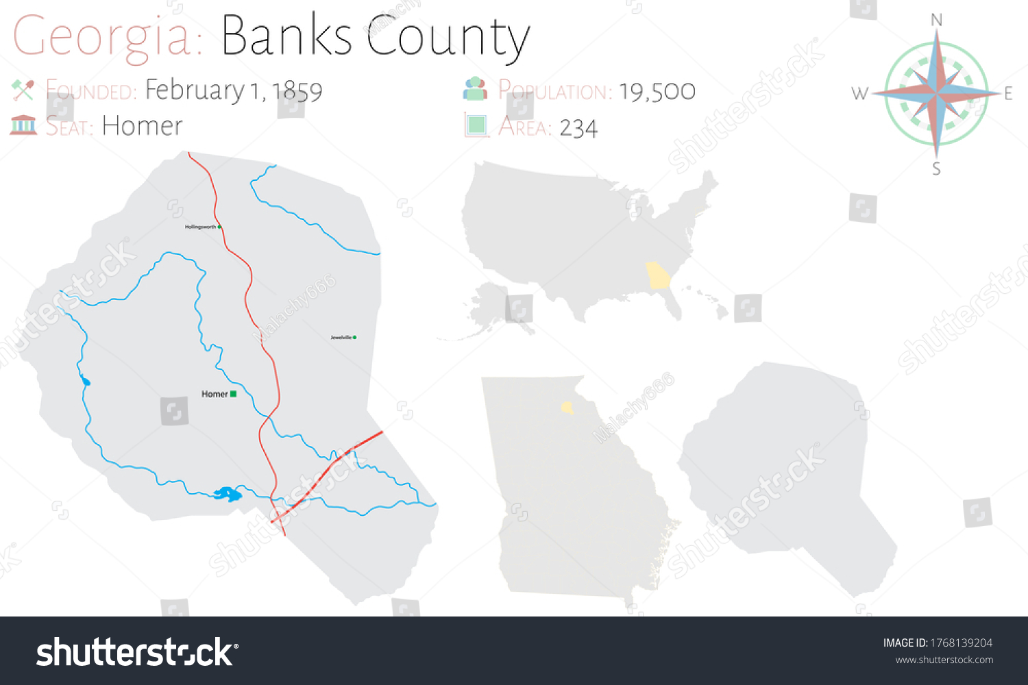 Large and detailed map of Banks county in - Royalty Free Stock Vector ...