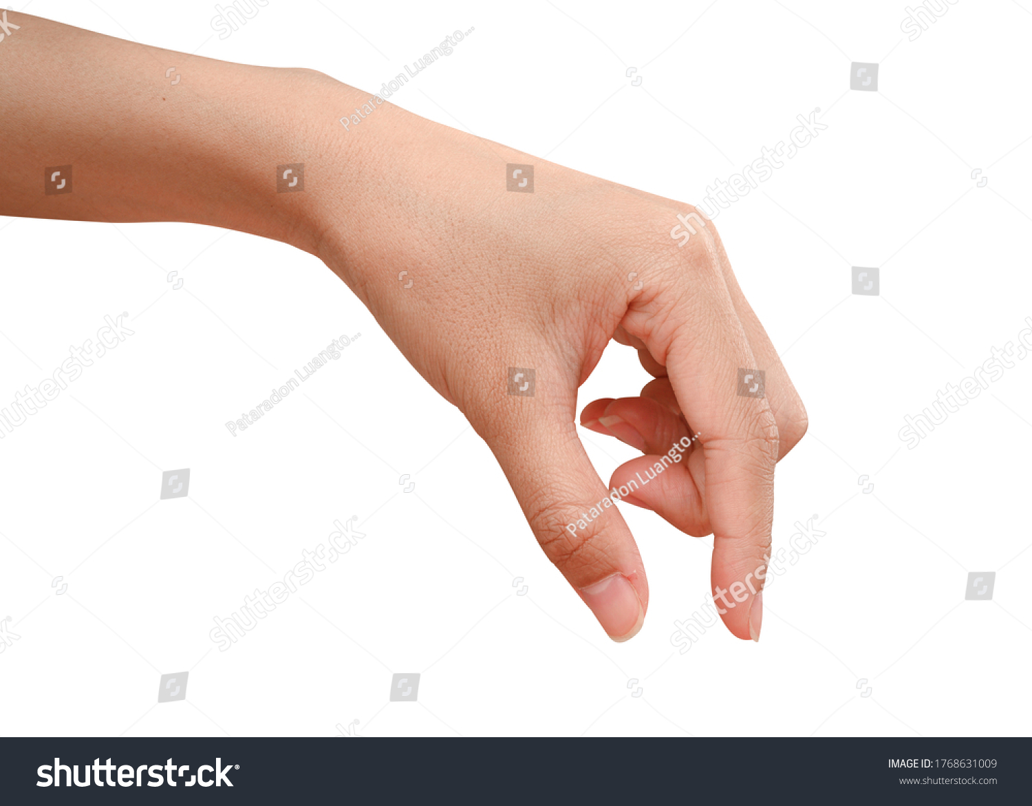 Close up hand holding something like a bottle or can isolated on white background with clipping path. #1768631009