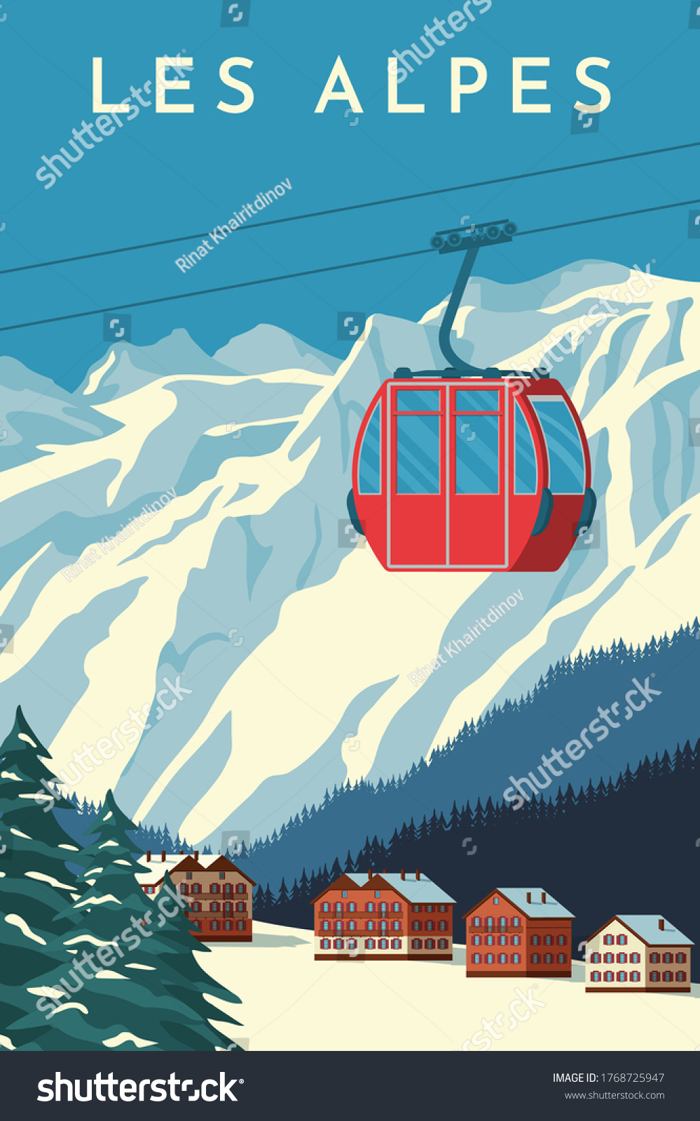 Ski resort with red gondola lift, mountain chalet, winter snowy landscape. Alps travel retro poster, vintage banner. Hand drawing flat vector illustration. #1768725947