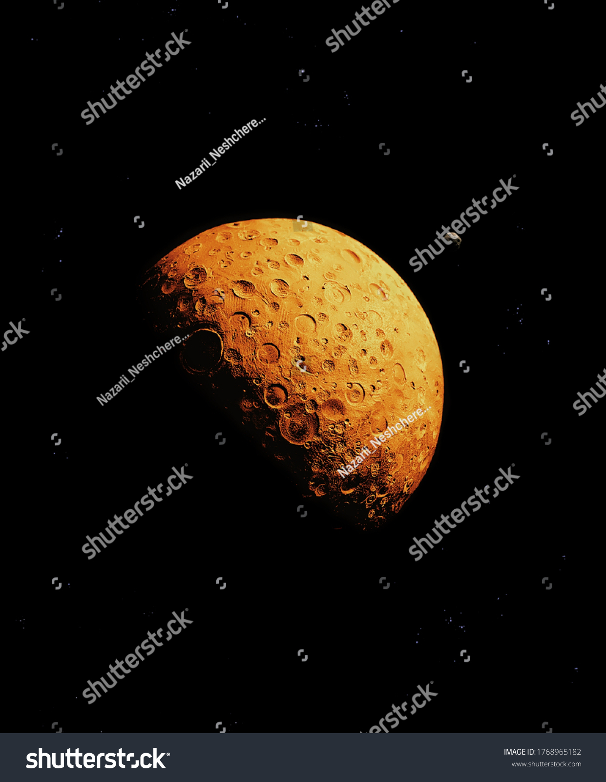 Red planet, covered with craters in space with asteroid and stars. #1768965182