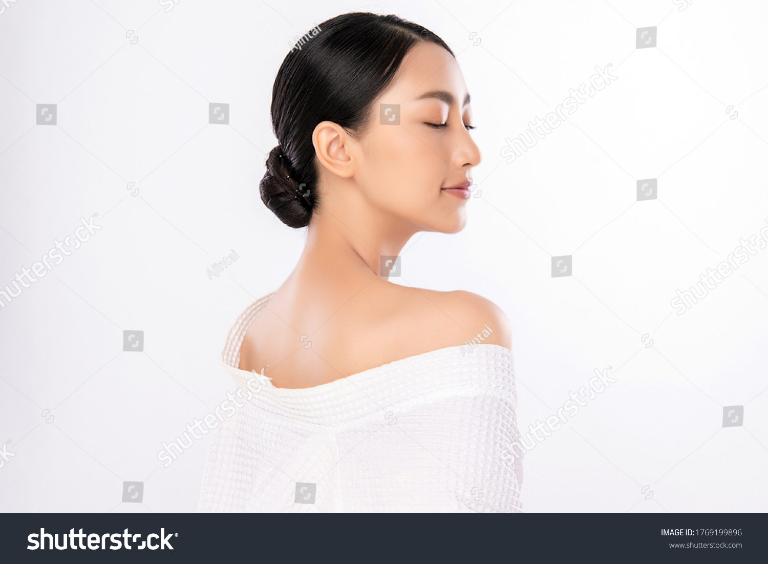 Side view of Beauty Woman face Portrait, Beautiful Young Asian Woman with Clean Fresh Healthy Skin, Facial treatment. Cosmetology, beauty and spa, isolated on white background. #1769199896