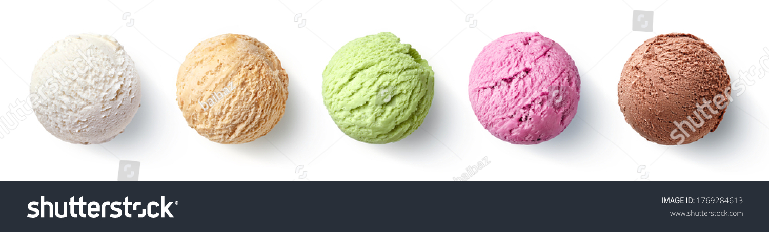 Set of five various ice cream scoops or balls isolated on white background. Top view. Vanilla, strawberry, caramel, pistachio and chocolate flavor #1769284613