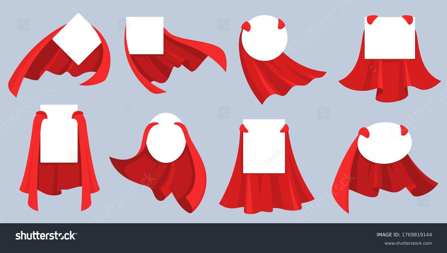 Red hero cape label. White empty badges with super hero, power man cloak. Cartoon vector mockup for kids product advertising. Super cloak hero for discount banner, child fashion mantle illustration #1769819144
