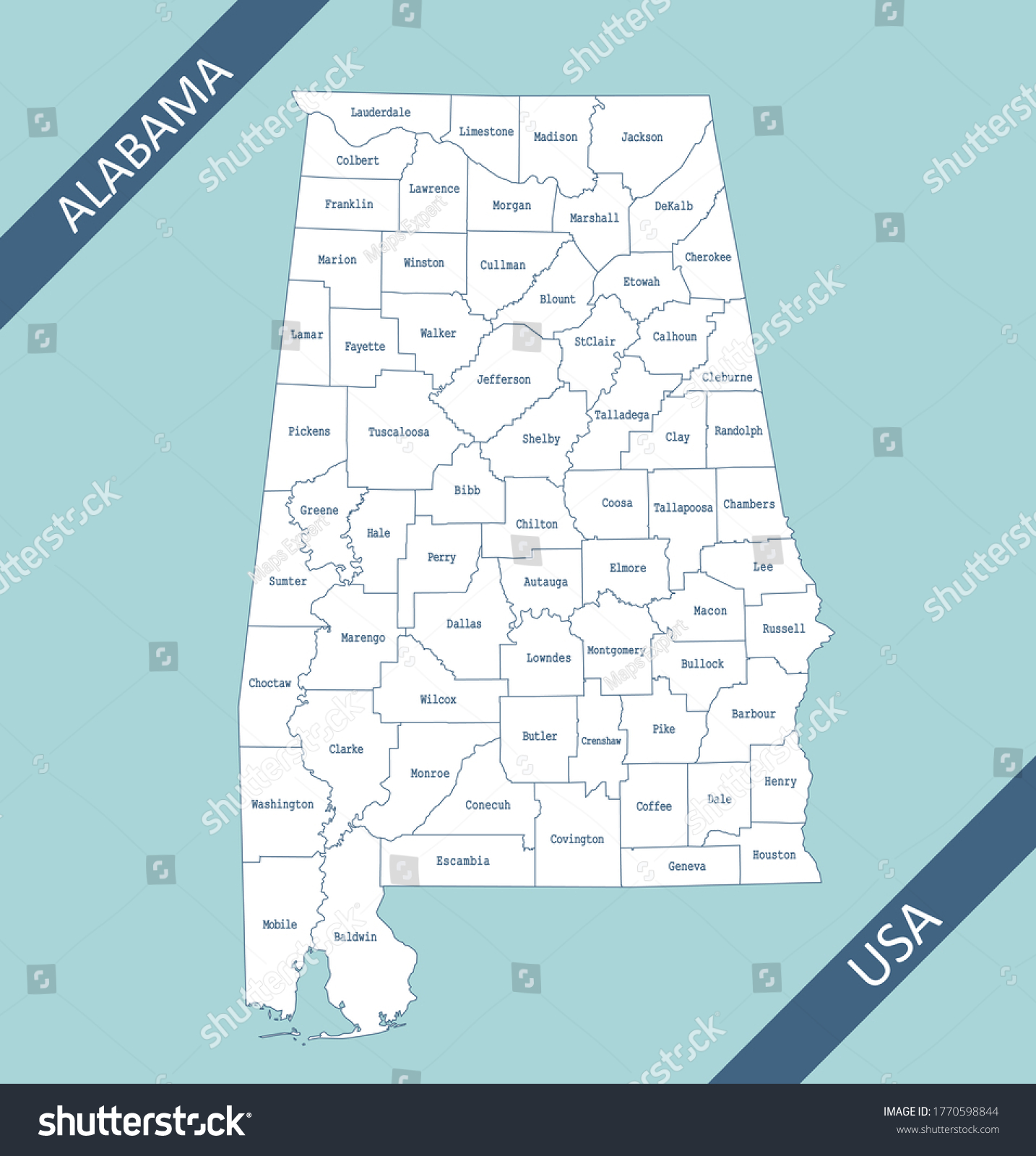 Counties map of Alabama labeled - Royalty Free Stock Vector 1770598844 ...