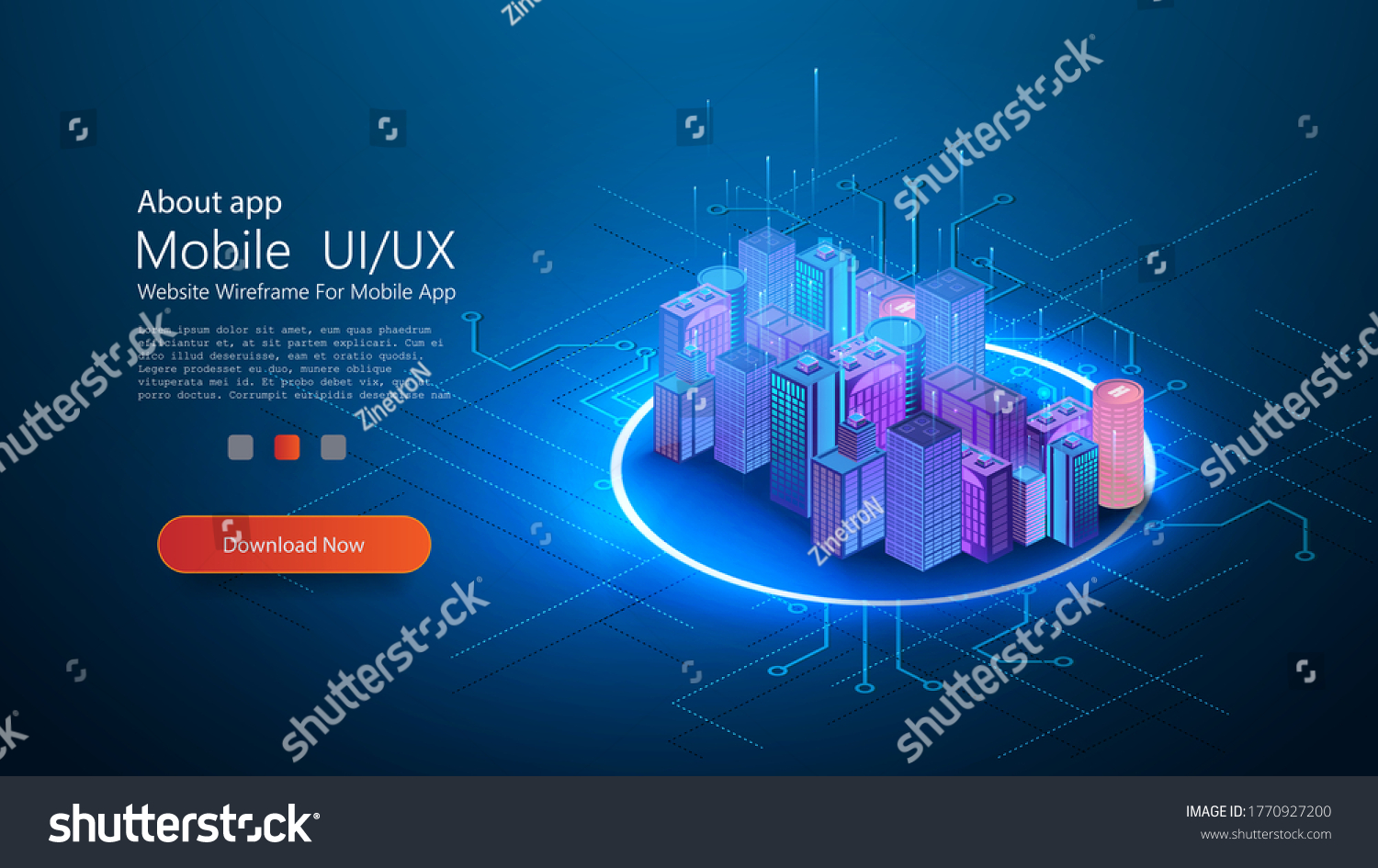 Futuristic infrastructure of a smart night city. Residential urban buildings for isometric innovation flat design. Smart city vector illustration of town with digital communication technology. Vector