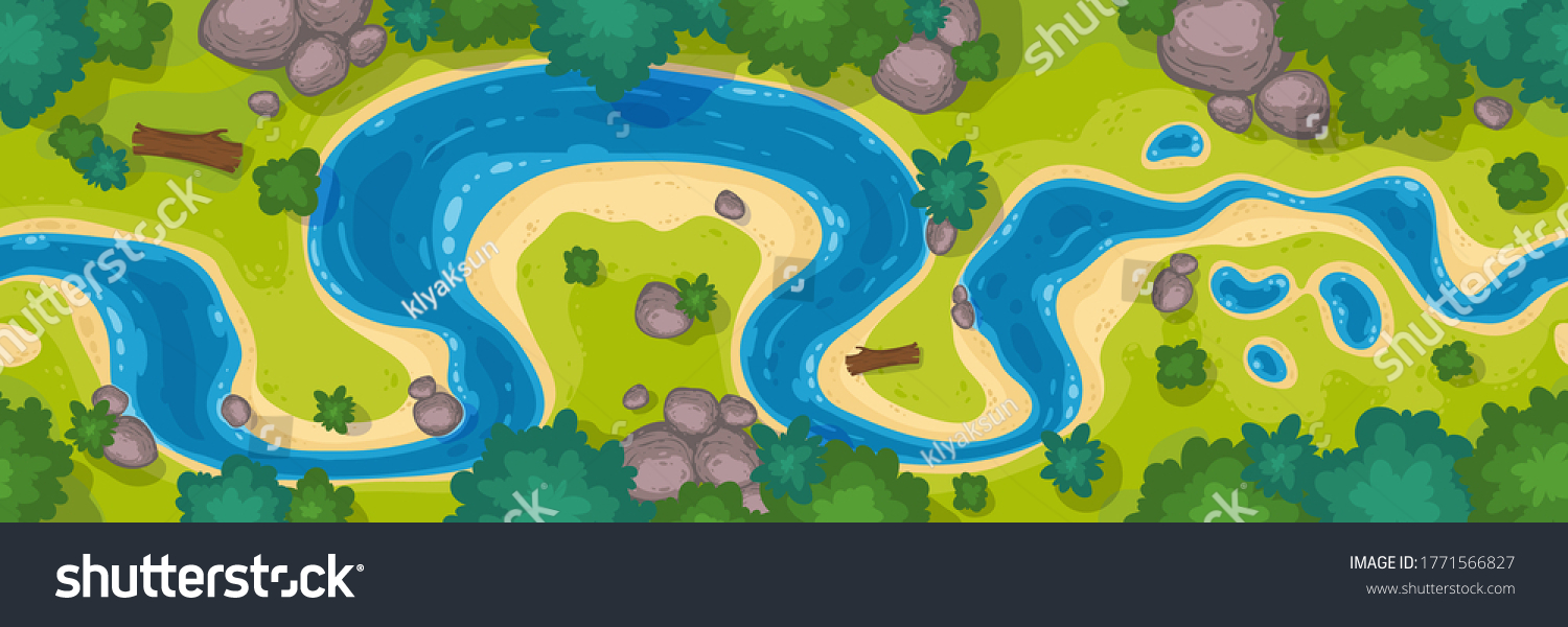 River top view, cartoon curve riverbed with blue water, coastline with rocks, trees and green grass. Summer nature landscape, beautiful valley, scenic picturesque natural stream, vector illustration #1771566827