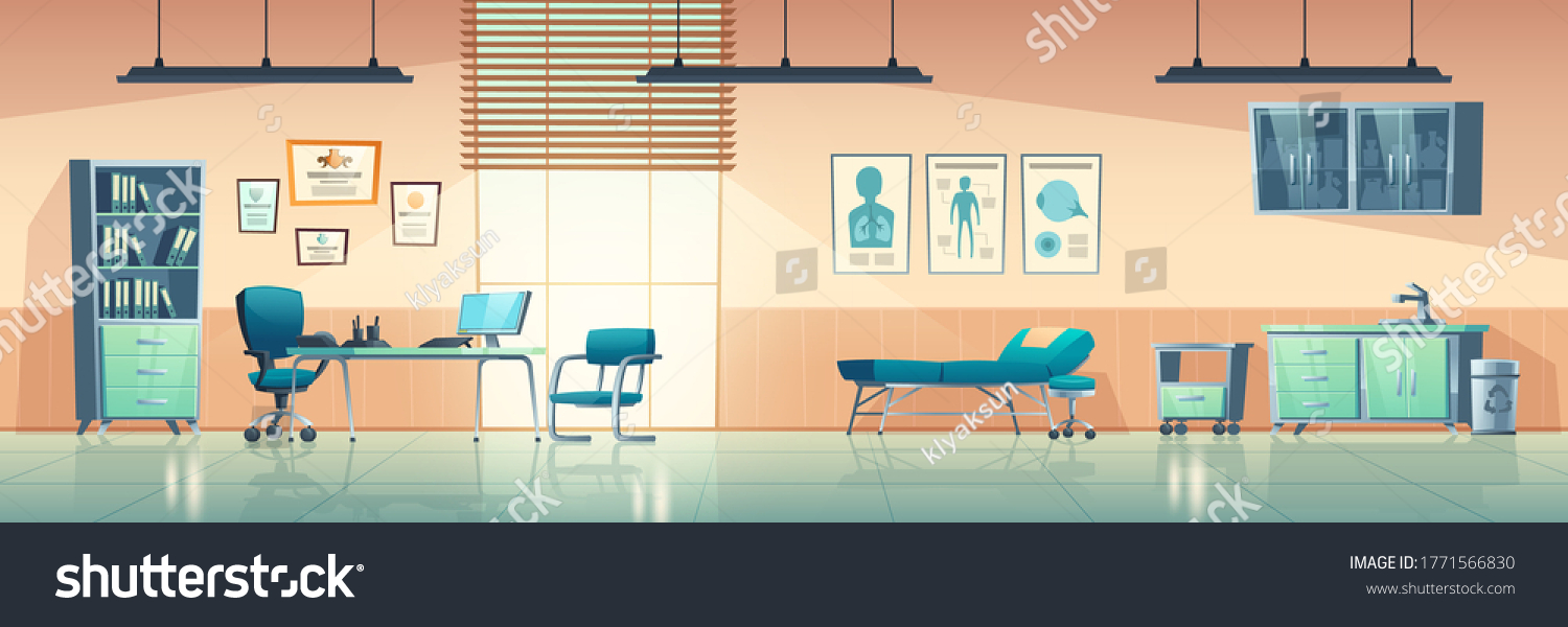 Medical office interior, empty clinic room with doctor stuff, hospital with couch, chair and washbasin, locker for medicine, table, computer and medical aid banners on wall cartoon vector illustration #1771566830