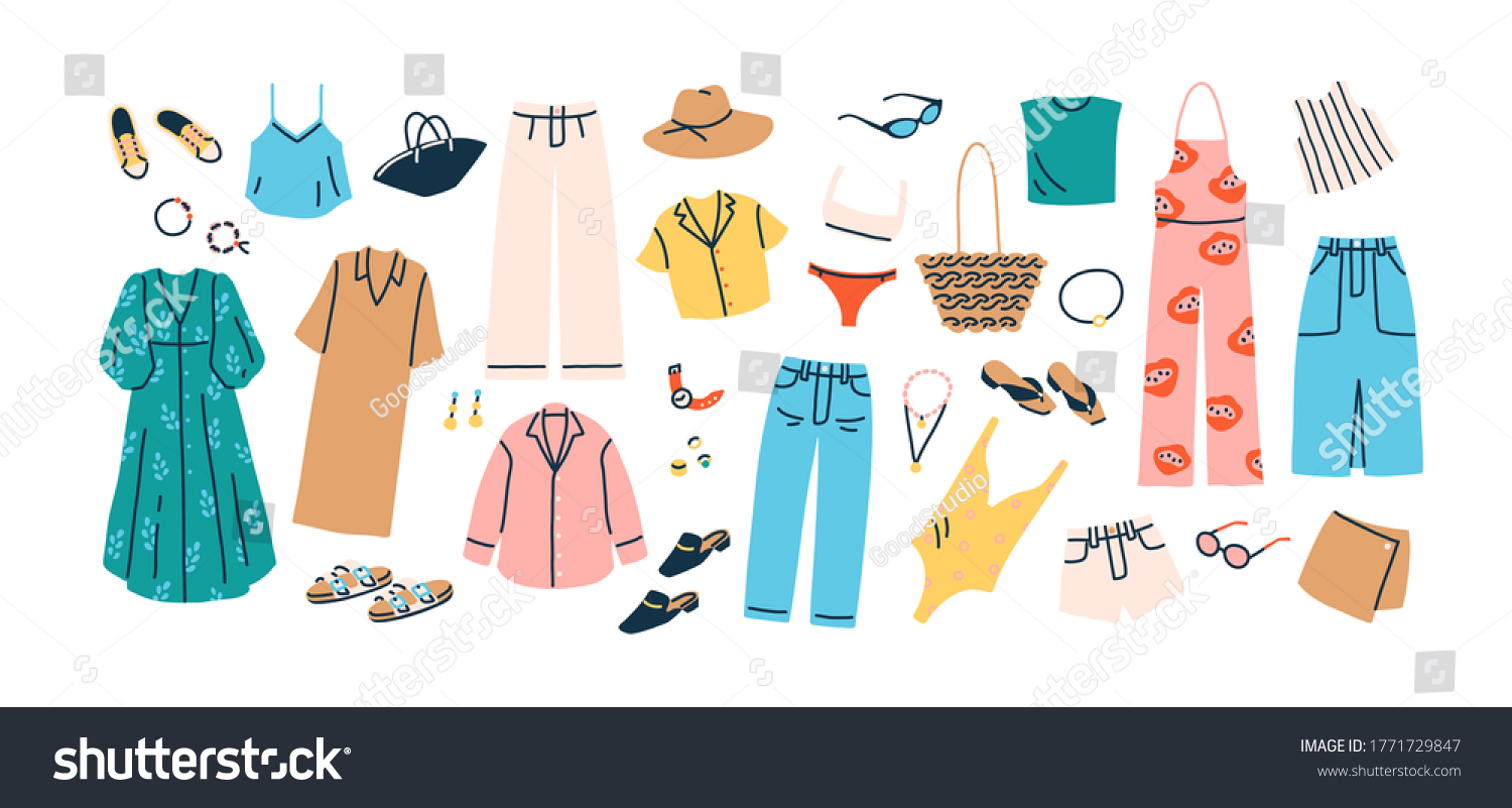 Set of summer fashion clothes vector flat illustration. Collection of trendy clothing for vacation or beach isolated on white. Colored stylish shoes, dress, trousers, shirt, swimsuit and accessories #1771729847
