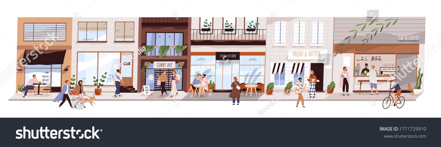 Small urban street with cafes and shops vector flat illustration. Happy man, woman and couples walking on modern city panorama. Buildings, coffeshop, store showcase with people isolated on white #1771729910