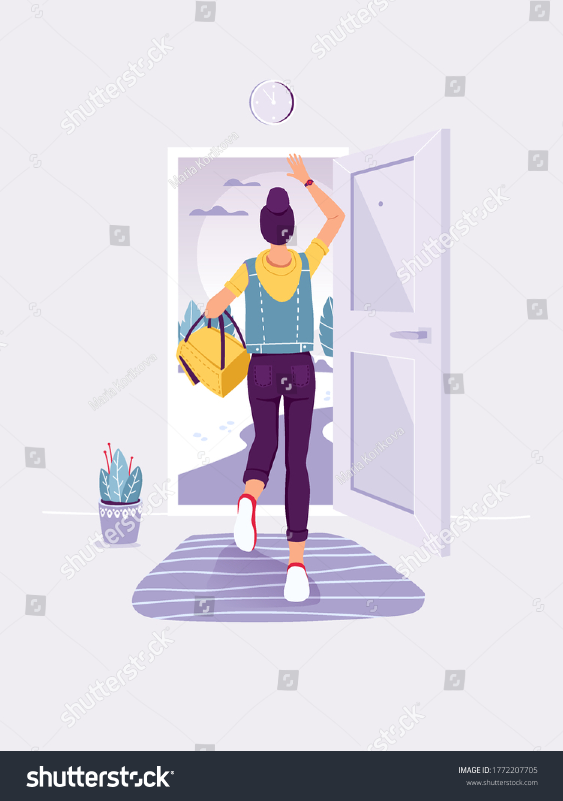 People leaving home. Back view. Lady staing in the doorway. Woman running into open door. Exit and escape concept. Trendy flat vector illustration. #1772207705