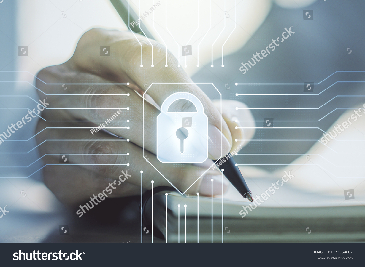 Creative lock illustration with microcircuit and woman hand writing in diary on background, cyber security concept. Multiexposure #1772554607