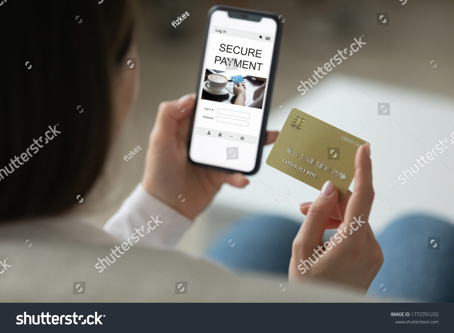 Close up back view of woman shopping online on smartphone using credit card, female enter Internet banking system on cellphone, make payment purchase on gadget, paying bills on web, screen mockup #1772701232