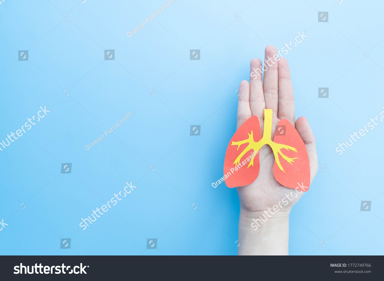 Pulmonary disease treatment and lung transplant concept. Human hands holding healthy lung shape made from paper on light blue background. Copy space.