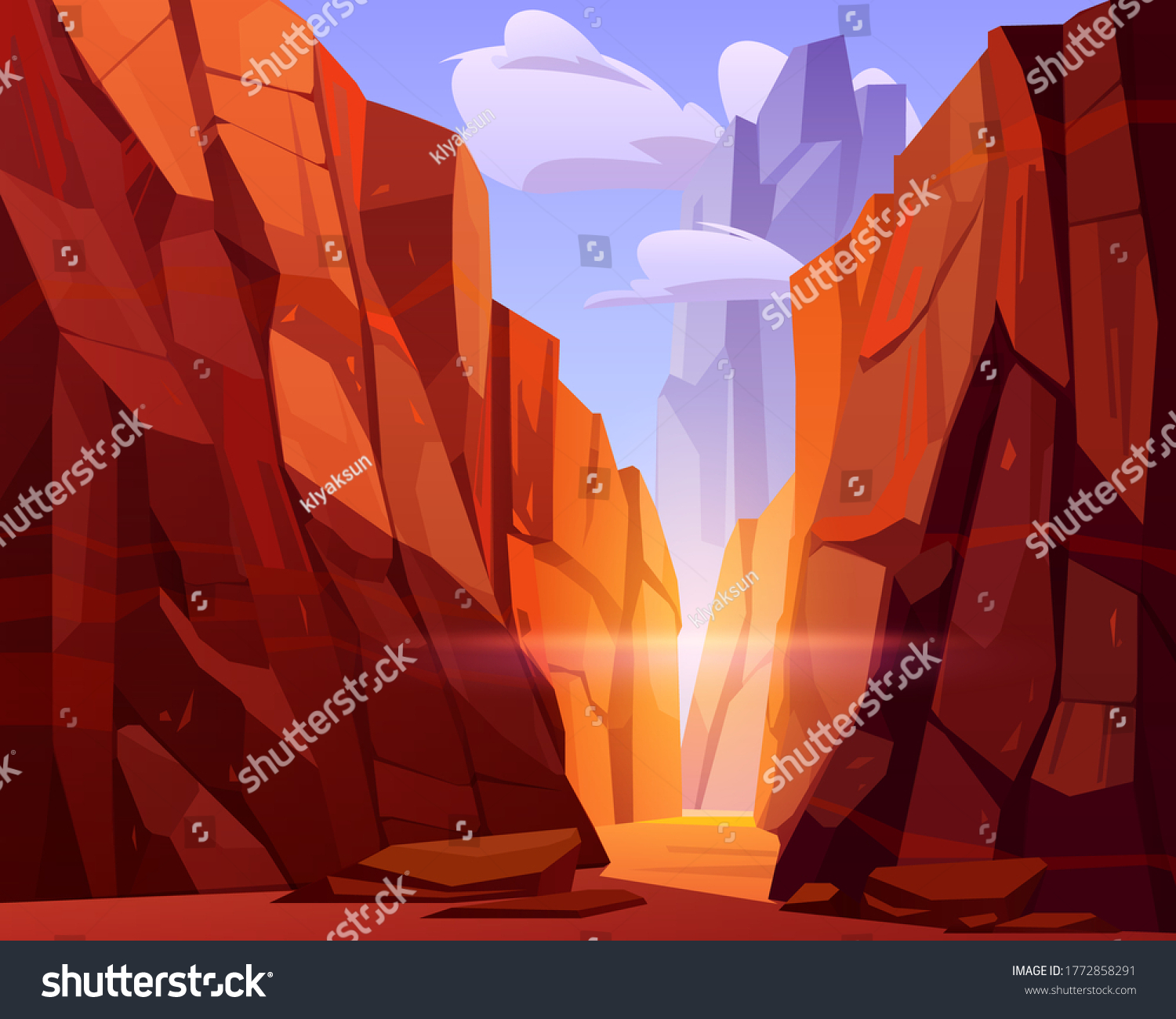 Desert road in canyon with red mountains. Vector cartoon landscape of nature park, ground road in gorge with stone cliffs and rocks. Grand canyon national park in Arizona