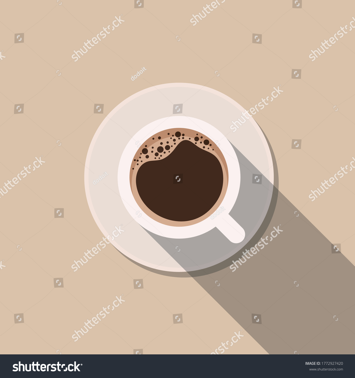 cup of coffee with foam. Minimalistic cup of latte with long shadow. Cappuccino, view from above. Top View. Minimal Design Poster flat vector illustration. #1772927420