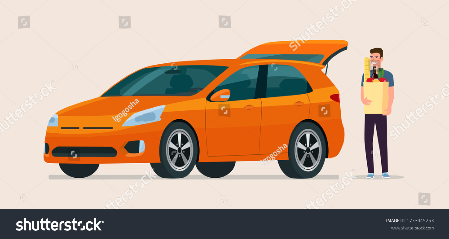 Young man carry grocery bags in car. Vector flat - Royalty Free Stock ...