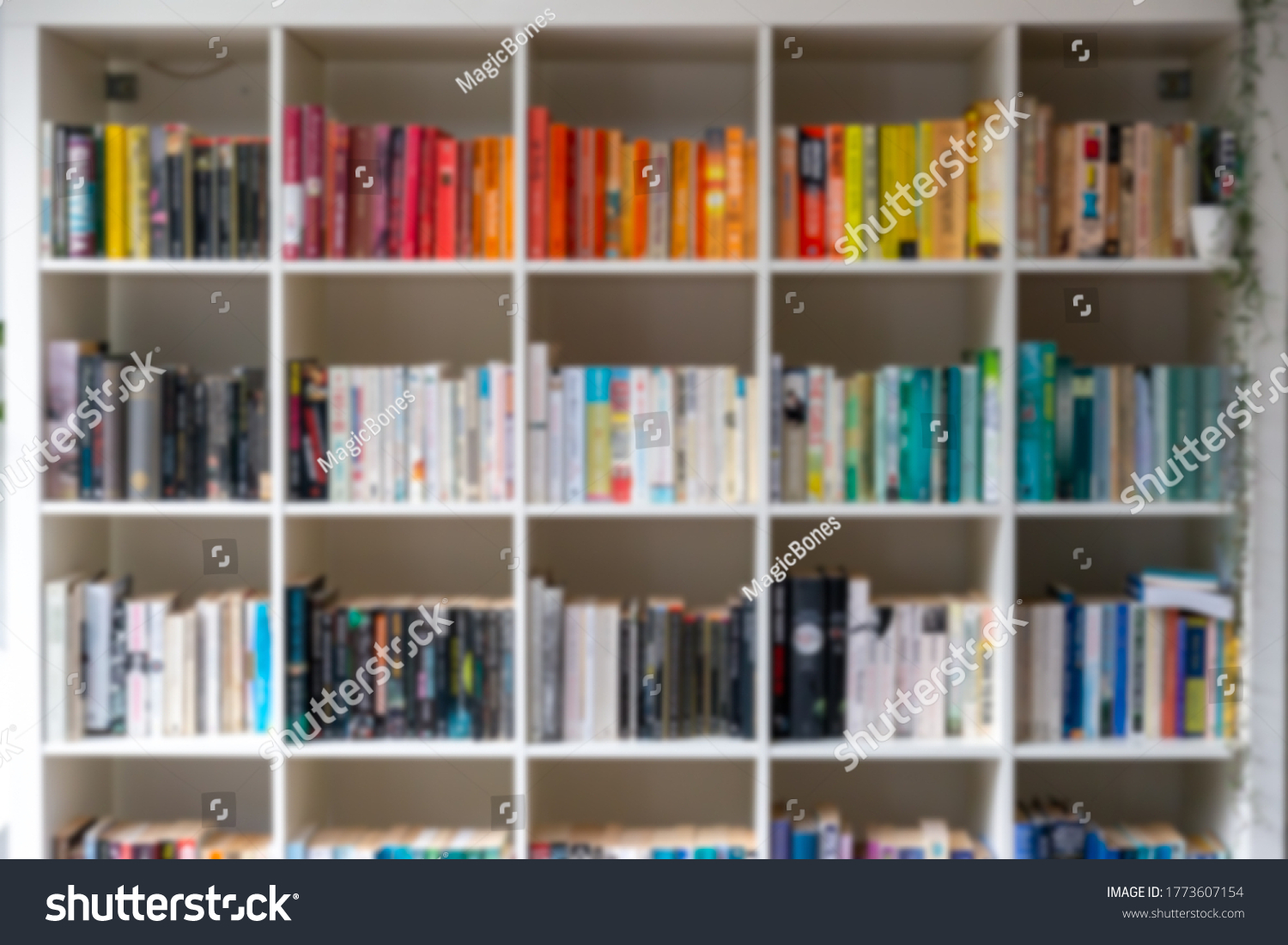 Blurred image of white wooden bookcase filled with books in a UK home setting #1773607154