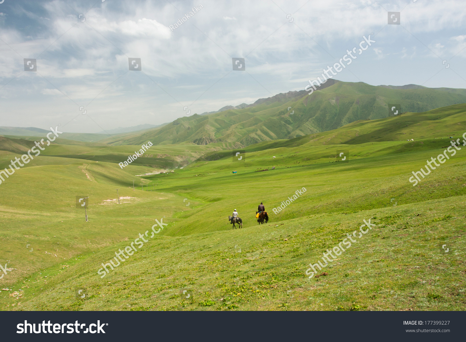 Mountain landscape with green grass valley and riders on horseback under white clouds sky #177399227