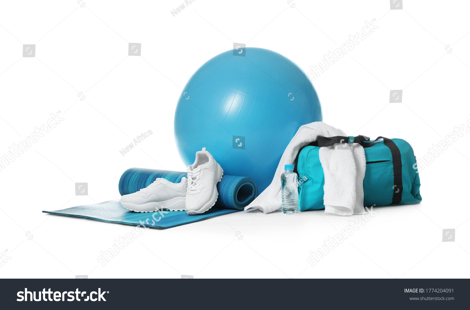 Fitness ball, gym bag and sport accessories isolated on white #1774204091