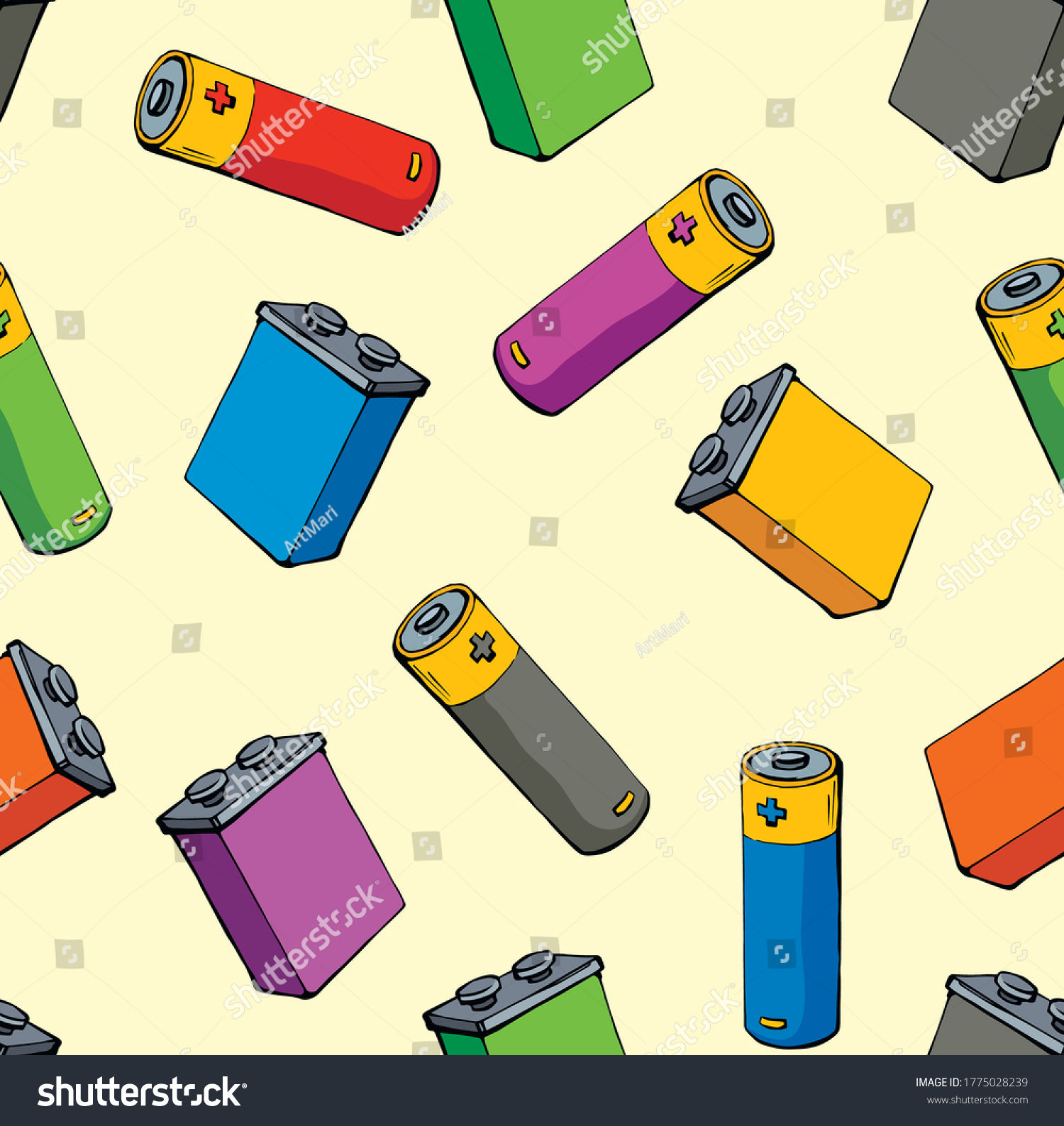 Modern auto engine chemical lithium polarity cylinder component. Light yellow fond. Bright multy color hand drawn pole recycling object logo pictogram concept. Modern art doodle cartoon tileable style #1775028239