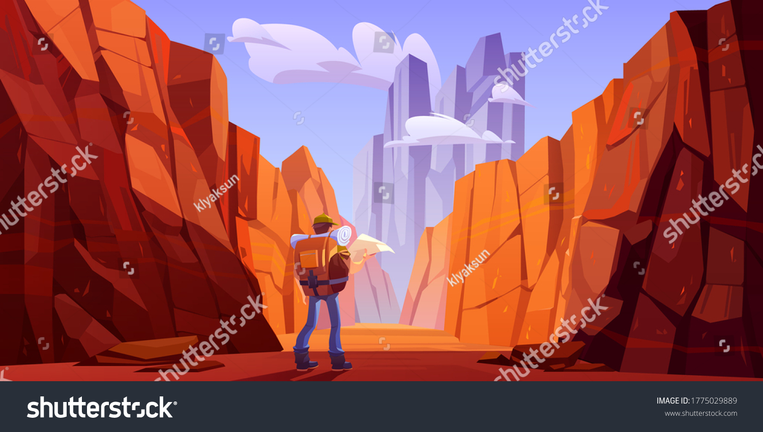 Hiker man with map on desert road in canyon with red mountains. Vector cartoon landscape of nature park with stone cliffs, rocks and tourist backpack for hiking in gorge