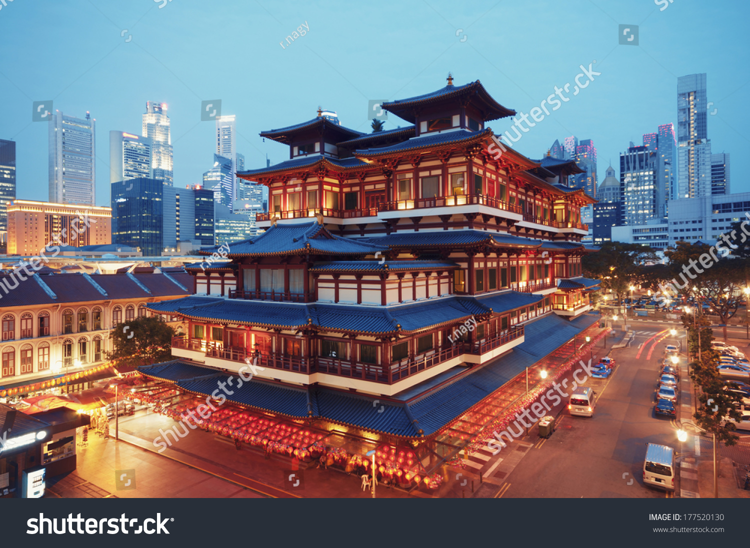 Buddha Toothe Relic Temple in Chinatown in Singapore, with Singapore`s business district in the background.  #177520130