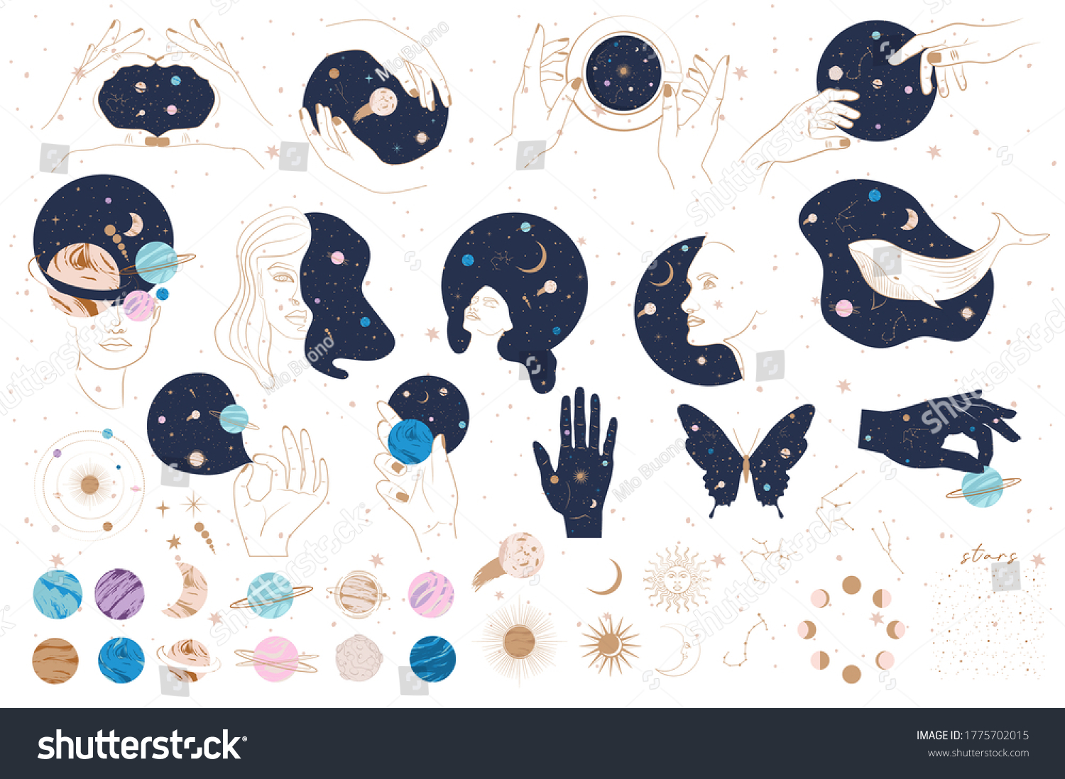 Collection of Mystical and Astrology objects, Woman face, Space objects, planet, constellation, human hands. Minimalistic objects made in the one line style. Editable vector illustration. #1775702015