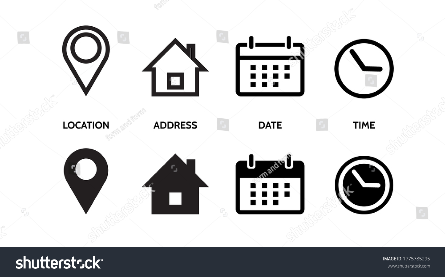 Location, Map pin, Address, date, time, contact, Calendar, home. set web icons vector line illustration #1775785295
