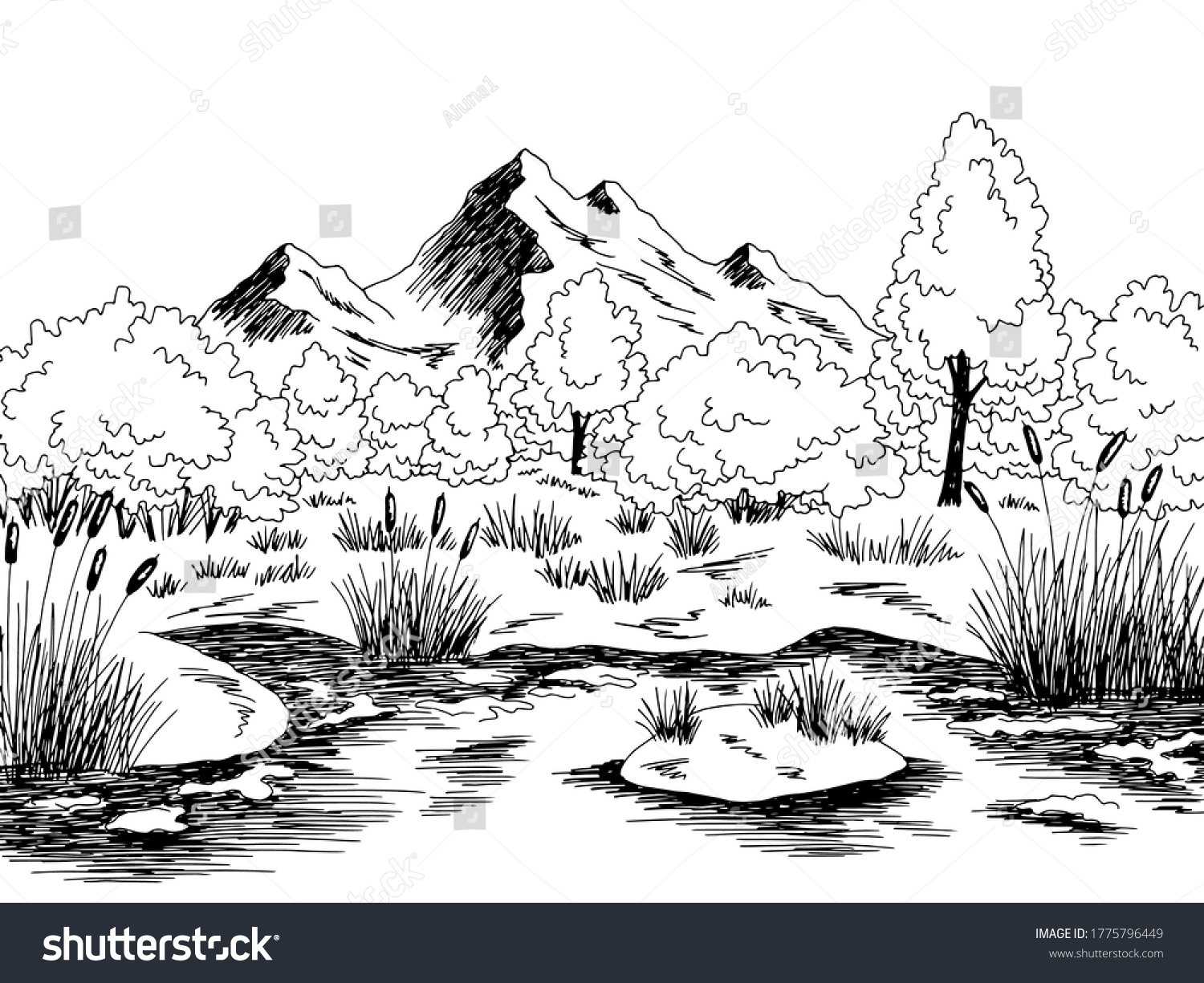 Bog swamp graphic black white landscape sketch - Royalty Free Stock ...