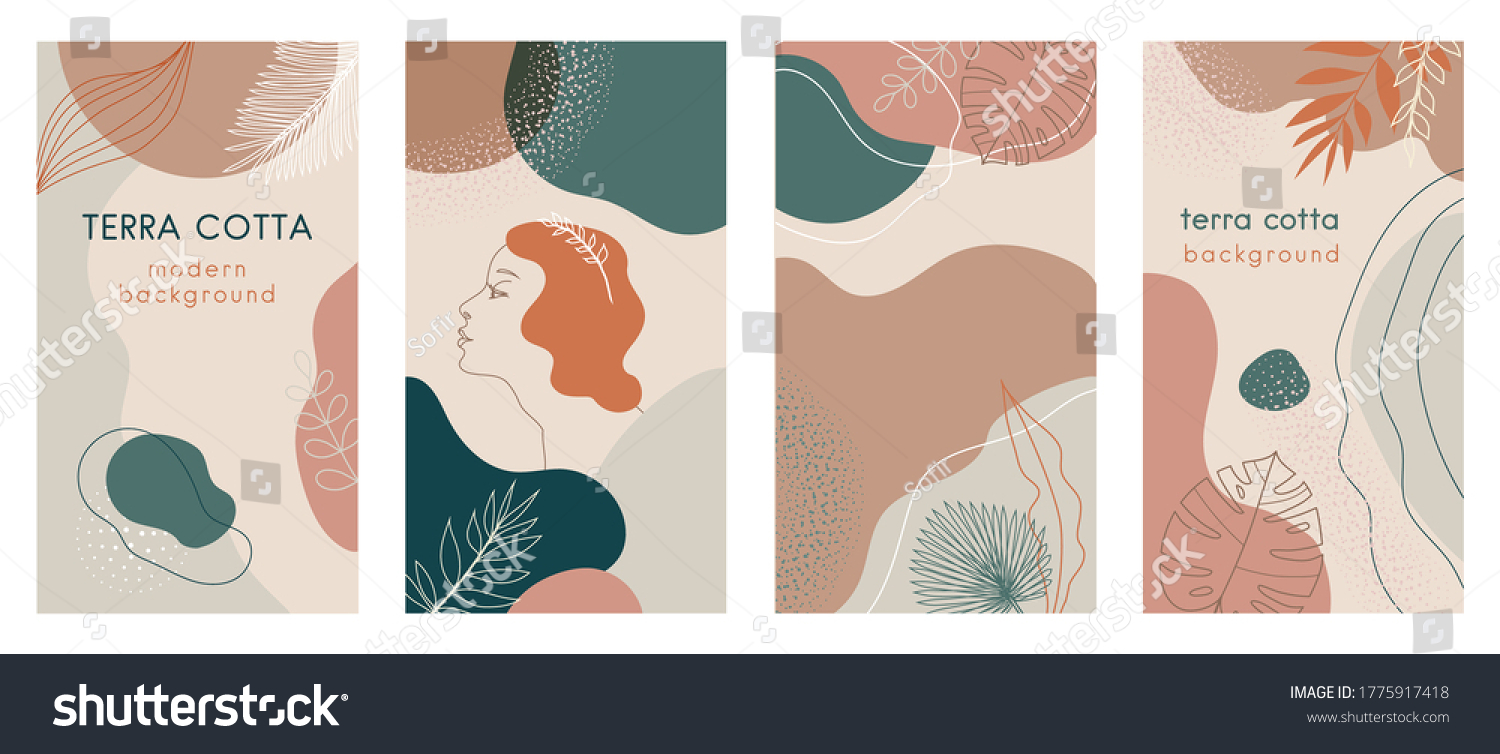 Social media stories set of abstract modern backgrounds with terra cotta pastel color combinations, shapes and tropical palm, monstera leaves, one line women face logo icon. For advertising, branding #1775917418