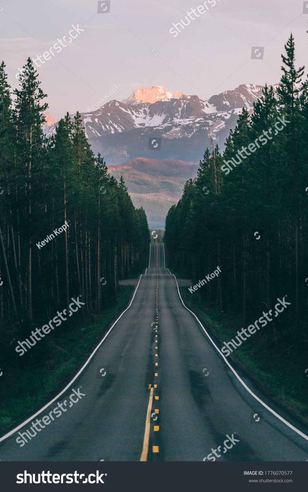 An open road leads to the Grand Teton's mountain range, rising in the distance beyond a thick pine forest. The last rays of sunlight shine on the mountain. Photo shot vertically to include more road.  #1776070577