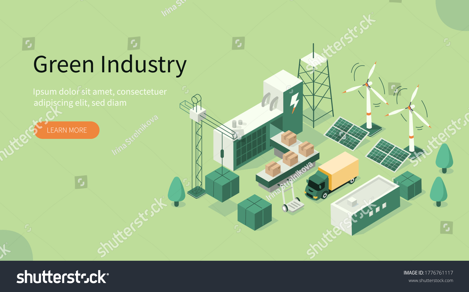 Green Industrial Factory with Renewable Energy. Wind Electricity Generators and Solar Panels. Eco Power Station. Eco Industrial Development Concept. Flat Isometric Vector Illustration. #1776761117
