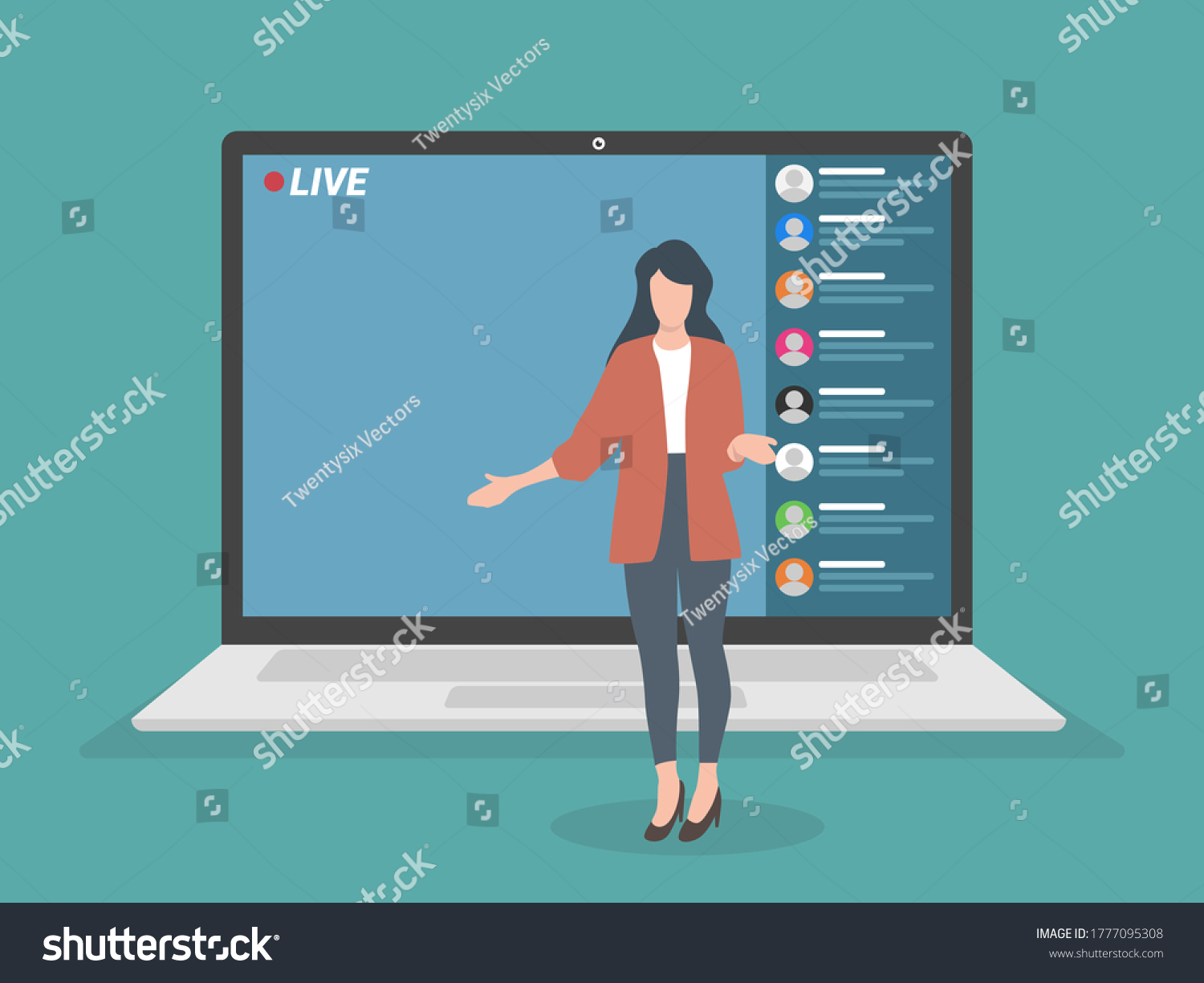Live streaming event, young female performing in front of the laptop camera, remote activities, stay at home, business presentation, Video streaming, Video conferencing and online communication. #1777095308