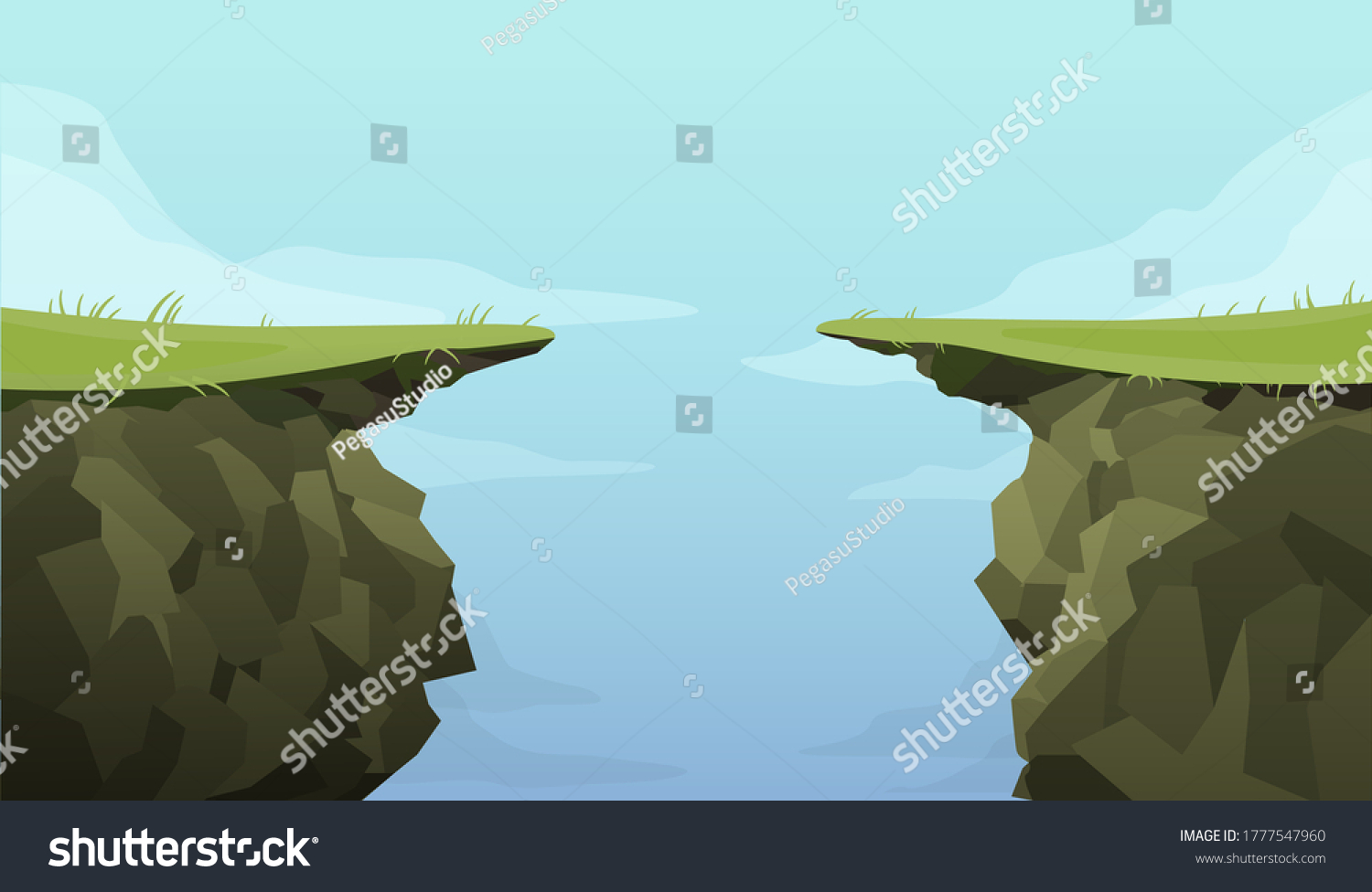 Ledge chasm empty template. Cliff in middle of green covered road banner deep dangerous abyss an extreme decision motivation decisive last jump cartoon graphic vector fear of inevitable. #1777547960