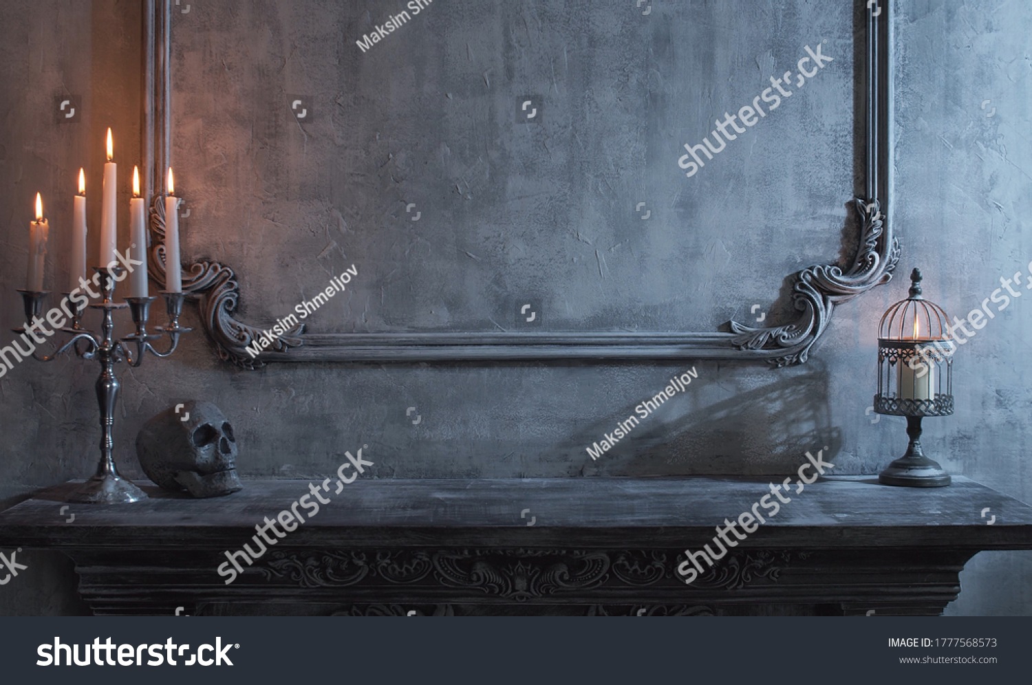 Mystical Halloween still-life background. Skull, candlestick with candles, old fireplace. Horror and witchery. #1777568573