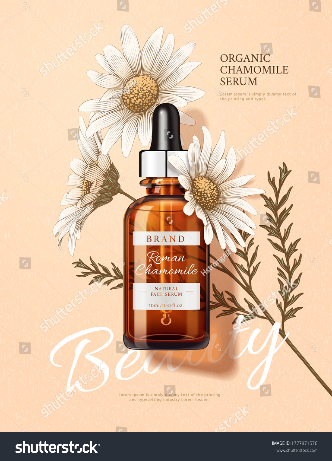3d illustration of beauty product ad, designed with engraving chamomile and realistic dropper bottle, natural skincare concept #1777871576