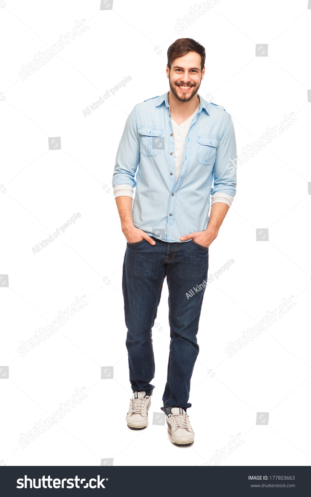 smiling young man with beard in a blue shirt on white background #177803663
