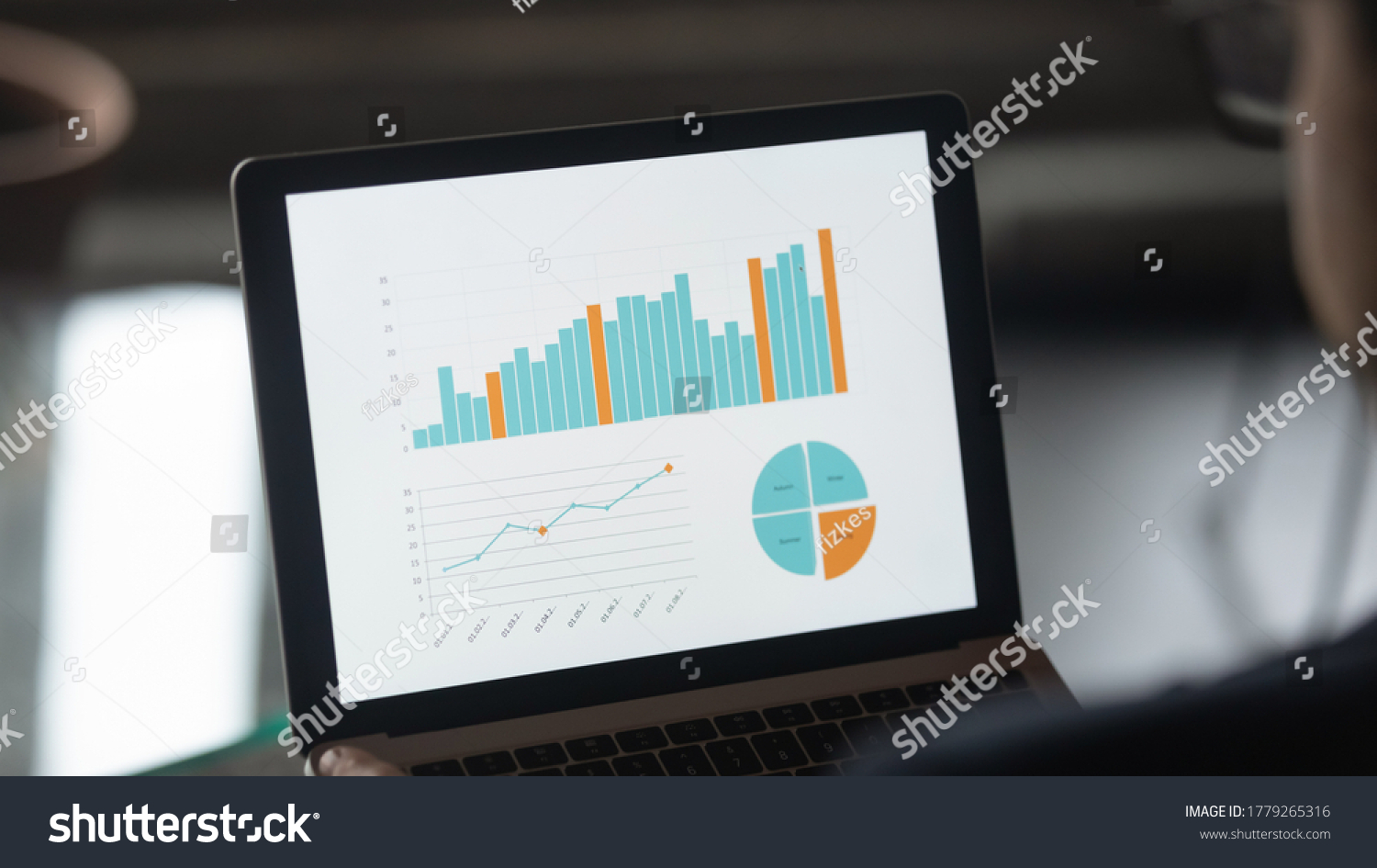 Close up view of laptop screen with financial diagram project statistics, colorful company graphs computer gadget monitor, person look at device analyze corporate finances online, economics concept #1779265316
