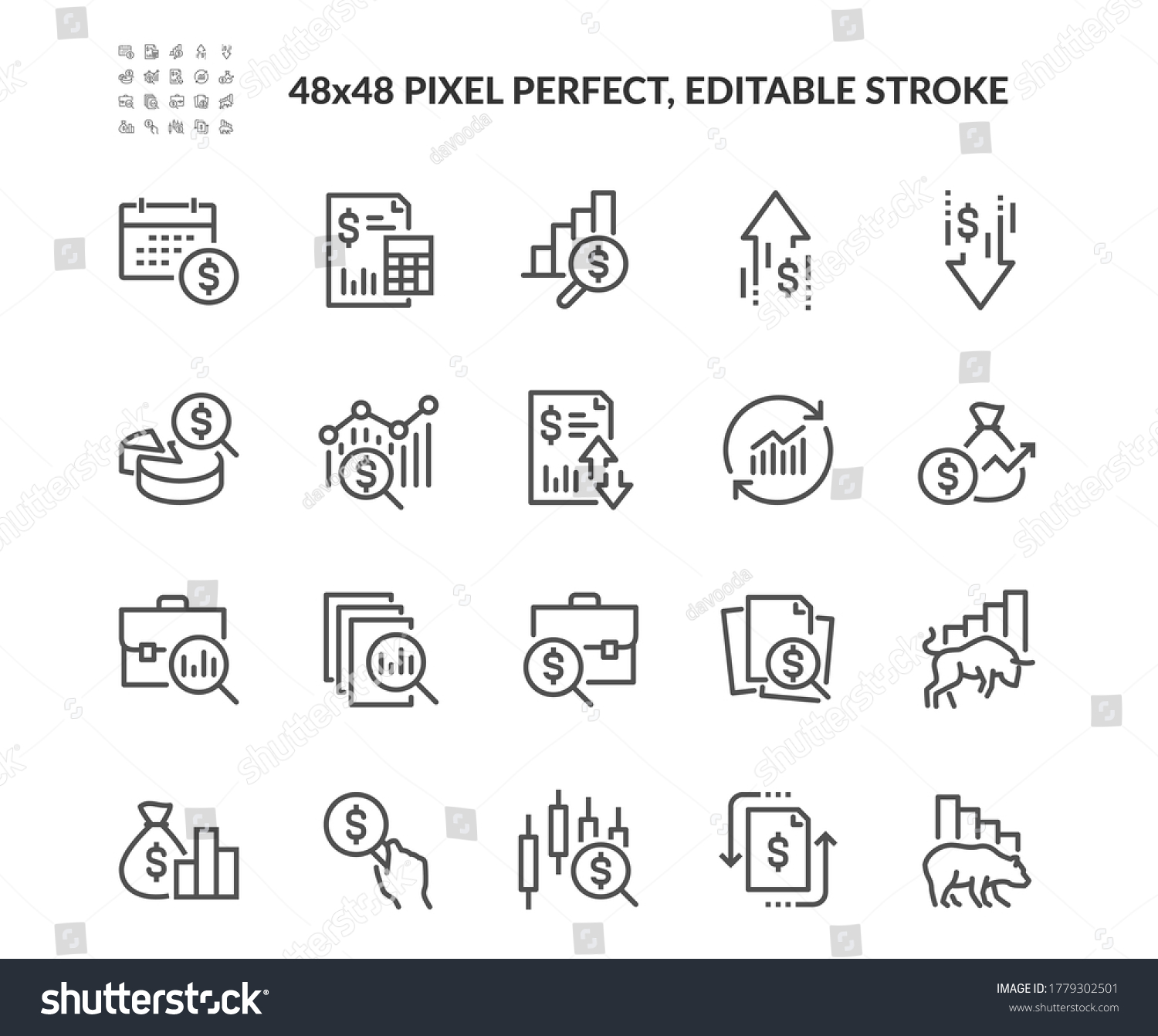Simple Set of Financial Analytics Related Vector Line Icons. 
Contains such Icons as Gainers and Losers, Portfolio Analysis, Financial Report and more. Editable Stroke. 48x48 Pixel Perfect. #1779302501