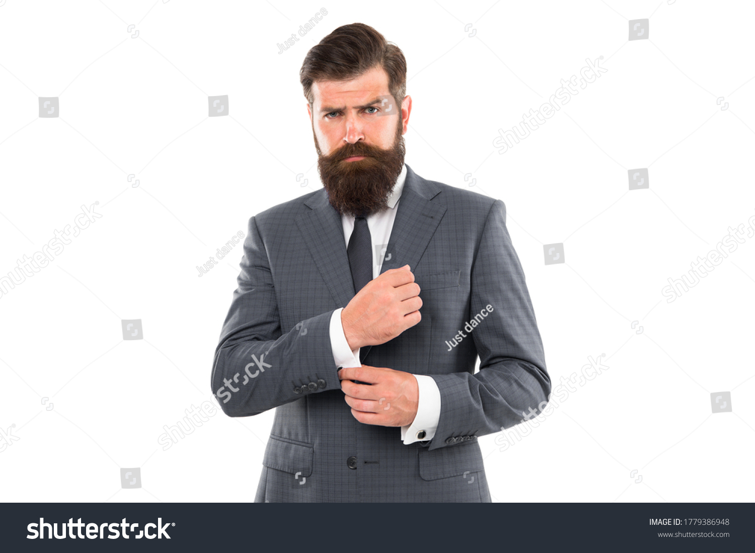 Going for something more classic. Fashion look of bearded man. Businessman fix cuff isolated on white. Formal fashion style. Formalwear. Mens wardrobe. Fashion store. Classy fashion. #1779386948
